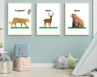 Woodland Animals Nursery Wall Art Set | Deer Leopard Bear Prints | Safari Kids Room Decor | Educational Animal Posters | Instant Download