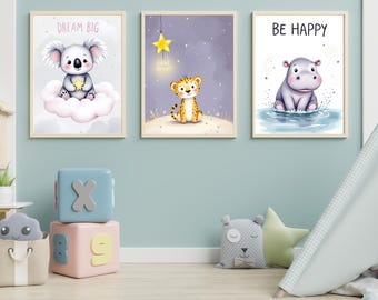 Láminas decorativas infantiles con temática de safari / Animales, Frases inspiradoras (Descarga digital)