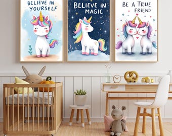 Conjunto de láminas decorativas de unicornios para la habitación infantil / Frases de arcoíris en tonos pastel, decoración para la habitación de los niños (descarga digital)