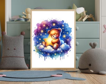 Lámina decorativa infantil con diseño de osito de peluche y luna/estrellas (descarga digital)