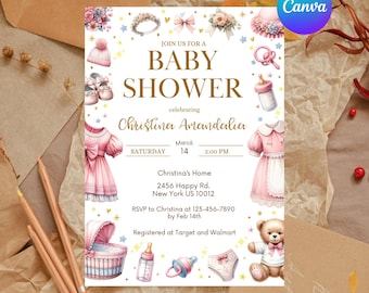 Plantilla de invitación para baby shower de niña, tarjeta editable con flores rosas (descarga digital)