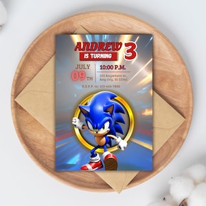 Sonic verjaardagsuitnodiging, bewerkbare kinderfeestje afdrukbare, leuke Sonic thema uitnodigen, digitale download, jongens verjaardag uitnodigingskaart