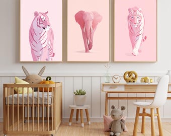 Rosa Tierkinderzimmer Art Print Set | Minimalistische Tiger Elefant Safari Dekoration (Digitaler Download)