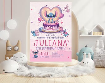 Cute Stitch Birthday Invitation Editable Canva Template | Girl Kids Birthday Party Invite | Printable Digital Invitation Instant Download