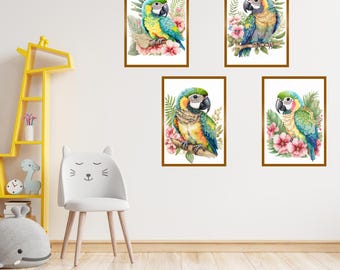 Tropischer Papagei-Kinderzimmer-Kunst-Set | Jungle Babyzimmer Drucke (Digitaler Download)