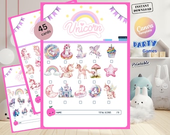 Juegos de fiesta de unicornio, 45 tarjetas, plantilla imprimible de Canva (descarga digital)