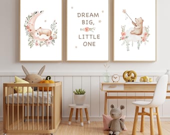 Láminas infantiles con ositos de peluche y la luna / Decoración de pared "Sueña en grande, pequeño/a" (Descarga digital)