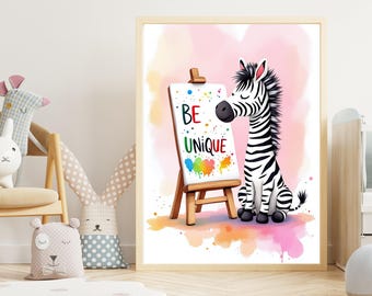 Lámina decorativa infantil de cebra / Frase "Sé único", animal en acuarela (descarga digital)
