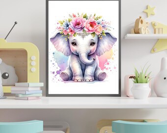 Baby Elefant Blumen Kinderzimmer Kunst | Rosa Aquarell Baby Mädchen Dekor (digitaler Download)