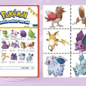 Pokemon party scavenger hunt printable pack with 54 trainer cards and checklist. Fun kids birthday game for Gotta Catch Em All fans. Digital download activity that works as a treasure hunt, party favor, or school classroom activity. Pokémon characters like Pikachu and Charizard inspire this fun printable kids activity. Great for parents and teachers planning party games. Use as a birthday scavenger hunt, trainer card game, or gamer scavenger hunt.