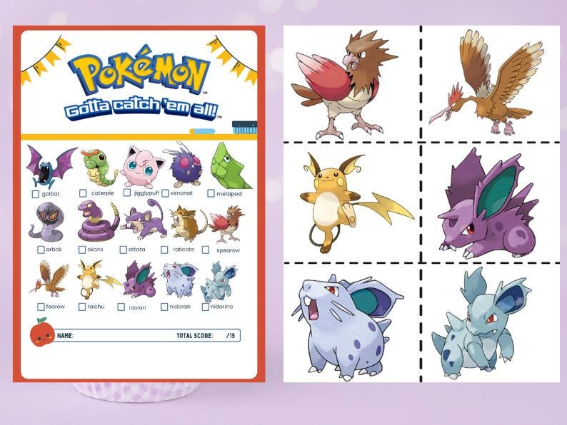 Pokemon party scavenger hunt printable pack with 54 trainer cards and checklist. Fun kids birthday game for Gotta Catch Em All fans. Digital download activity that works as a treasure hunt, party favor, or school classroom activity. Pokémon characters like Pikachu and Charizard inspire this fun printable kids activity. Great for parents and teachers planning party games. Use as a birthday scavenger hunt, trainer card game, or gamer scavenger hunt.