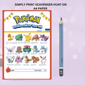 Pokemon birthday scavenger hunt printable set with trainer cards and checklist. Digital download includes 54 cards featuring popular Pokémon themes like Pikachu, Charizard, and PokéBalls. Fun kids party activity, birthday favor, or classroom game. Editable and printable PDF designed for gamer party fun. Great for treasure hunt games, birthday activity games, and kids scavenger hunts. Use for Gotta Catch Em All parties, school activities, or Pokemon party favors.