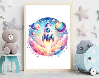 Rocket Space Wall Art Print | Galaxy Nursery Decor | Kids Astronaut Theme Poster | Colorful Universe Artwork | Instant Download