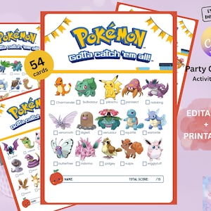 Pokemon scavenger hunt game printable with 54 trainer cards and checklist. Fun kids activity for birthday parties, gamer events, or family nights. Digital download scavenger hunt designed for Pokémon fans with Pikachu, Charizard, PokéBall themes. Perfect for indoor and outdoor play, party favors, and birthday activities. Use as a Pokémon birthday game, party hunt activity, or treasure hunt game for kids who love gaming and catching characters.