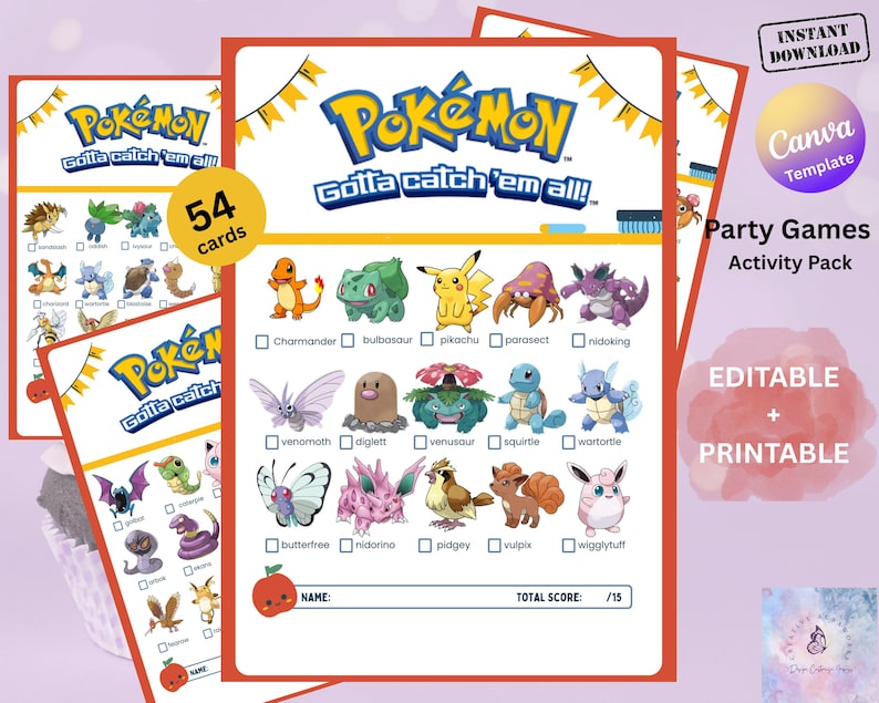 Pokemon scavenger hunt game printable with 54 trainer cards and checklist. Fun kids activity for birthday parties, gamer events, or family nights. Digital download scavenger hunt designed for Pokémon fans with Pikachu, Charizard, PokéBall themes. Perfect for indoor and outdoor play, party favors, and birthday activities. Use as a Pokémon birthday game, party hunt activity, or treasure hunt game for kids who love gaming and catching characters.
