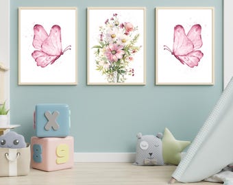 Rosa Schmetterling Floral Kinderzimmer Kunst-Set | Aquarell Baby Mädchen Drucke (digitaler Download)