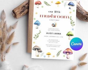 Invitación para baby shower de hongos, temática de bosque, plantilla editable (descarga digital)