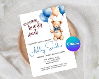 Invitación para baby shower con osito de peluche, globos pastel, plantilla editable (descarga digital)