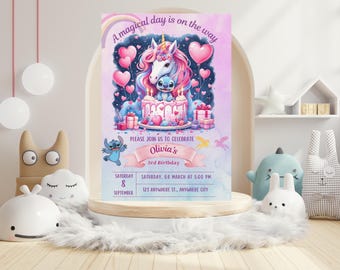 May include: A whimsical birthday invitation featuring a unicorn and Stitch from Lilo & Stitch. The design includes a cake, balloons, and the text "A magical day is on the way." The invitation is for Olivia's 3rd birthday.