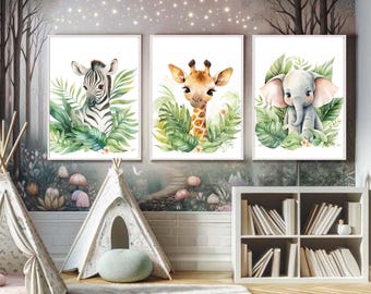 Safari Nursery Wall Art Set | Elephant Giraffe Zebra Prints | Jungle Baby Room Decor | Animal Kids Poster Bundle | Instant Download