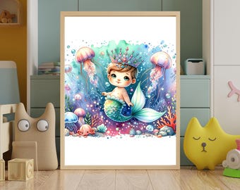 Meerjungfrau Kinderzimmer Kunst | Unter dem Meer Baby Mädchen Zimmer Dekor (Digitaler Download)