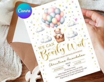 Invitación para baby shower "Podemos esperar", plantilla de globo de osito de peluche (descarga digital)