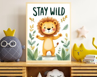 Lámina decorativa infantil con diseño de león de safari / Lámina con cita sobre la selva en acuarela (descarga digital)