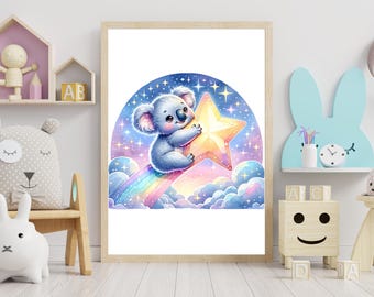 Koala Regenbogen Stern Kinderzimmer Kunst | Pastell Wolken Baby Tier Druck (digitaler Download)
