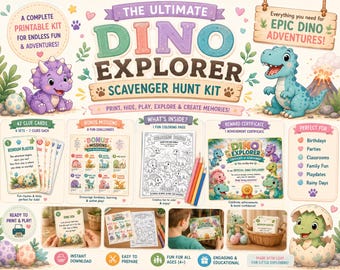 Juego imprimible de búsqueda del tesoro de dinosaurios para niños, actividad para fiesta de dinosaurios, tarjetas de escondite, juego para niños pequeños en edad preescolar.