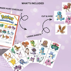 Printable Pokémon trainer card scavenger hunt set with checklist. Digital download includes 54 cards for kids birthday games, party favors, and classroom activities. Pokémon birthday party game designed for Pikachu, Charizard, and PokéBall fans. Great kids activity for family fun nights, school parties, or themed events. Instant download makes setup quick and easy. Editable printable scavenger hunt activity for Pokémon party fun and gamer celebrations.