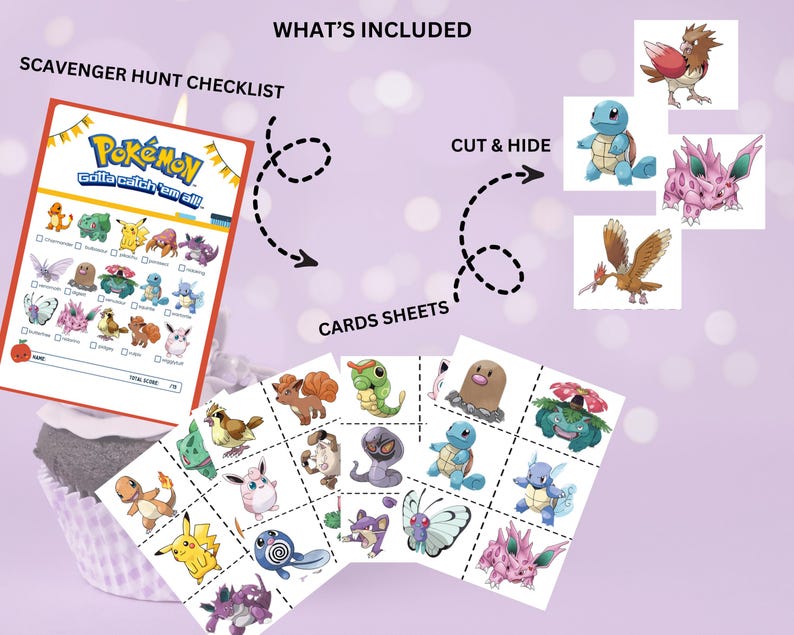 Printable Pokémon trainer card scavenger hunt set with checklist. Digital download includes 54 cards for kids birthday games, party favors, and classroom activities. Pokémon birthday party game designed for Pikachu, Charizard, and PokéBall fans. Great kids activity for family fun nights, school parties, or themed events. Instant download makes setup quick and easy. Editable printable scavenger hunt activity for Pokémon party fun and gamer celebrations.