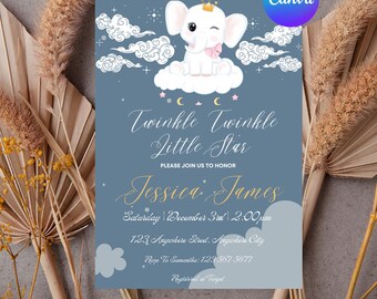 Invitación para baby shower con elefantito Twinkle Twinkle Little Star (descarga digital)