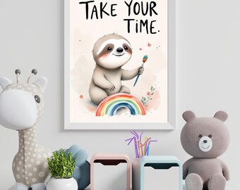 Póster infantil con temática de perezosos y arcoíris / Póster con la frase "Tómate tu tiempo" (Descarga digital)