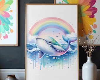 Lámina infantil con diseño de ballena y arcoíris / Decoración infantil con temática oceánica en acuarela (descarga digital)