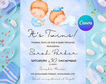 Plantilla de invitación para baby shower de gemelos, invitación azul acuarela (descarga digital)
