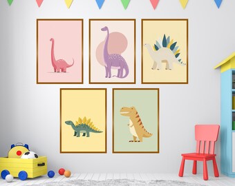 Conjunto de láminas decorativas de dinosaurios para la habitación infantil / Láminas minimalistas de dinosaurios en tonos pastel (Descarga digital)