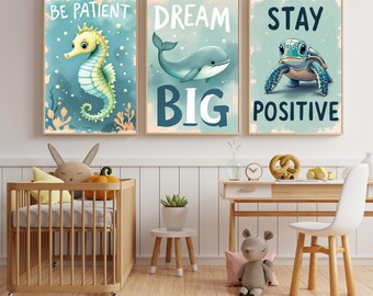 Conjunto de láminas decorativas para habitación infantil con temática oceánica / Pósteres con frases sobre animales marinos / Decoración para habitaciones infantiles / Ilustraciones de ballenas, tortugas y caballitos de mar / Descarga instantánea