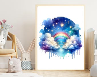 Rainbow Cloud Nursery Wall Art Print | Dreamy Sky Kids Room Decor | Baby Room Poster | Blue Galaxy Clouds Artwork | Instant Download