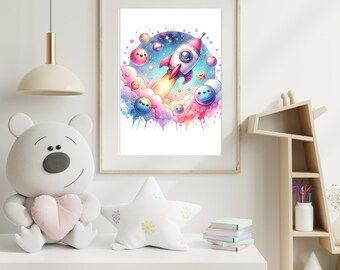 Rocket Space Nursery Wall Art Print | Galaxy Kids Room Decor | Astronaut Theme Poster | Colorful Cosmic Artwork | Instant Download
