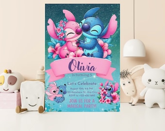 Cute Blue Pink Lilo and Stitch Birthday Invitation Editable Canva Template | Girl Kids Birthday Party Invite | Printable Digital Invitation