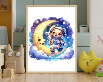 Baby Bär Astronaut Mond Kunst | Wunderliche Weltraum Illustration (Digitaler Download)