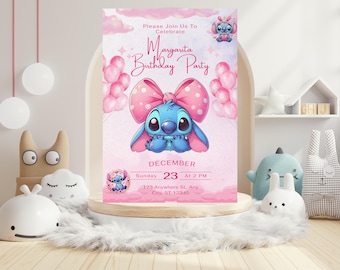 Pink Stitch Birthday Invitation Editable Canva Template | Girl Kids Birthday Party Invite | Printable Digital Invitation Instant Download