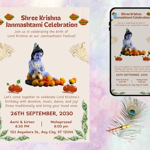 Janmashtami Printable Card + Digital Invitation | Lord Krishna 5x7 Greeting Card & Mobile-Friendly Invite | Instant Download