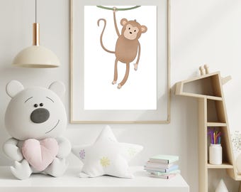 Monkey Nursery Wall Art Print | Jungle Baby Room Decor | Cute Hanging Monkey Poster | Safari Kids Room Artwork | Instant Download