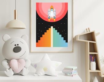 Retro Rakete Kunstdruck | Mid Century Modern Space Kinderzimmer Deko (Digitaler Download)