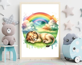 Sleeping Lion Nursery Wall Art Print | Safari Baby Room Decor | Jungle Kids Poster | Rainbow Animal Artwork | Instant Download