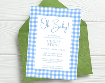 Plantilla de invitación para baby shower de cuadros azules, editable en Canva (descarga digital)