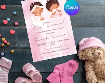 Plantilla de invitación para baby shower de gemelos, diseño de acuarela rosa (descarga digital)