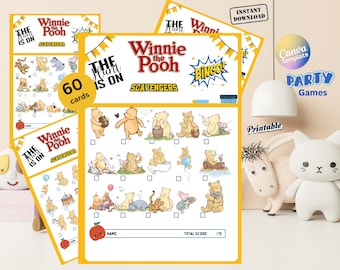 Búsqueda del tesoro y bingo de Winnie the Pooh, 60 tarjetas, juegos de fiesta (plantilla de Canva - descarga instantánea)