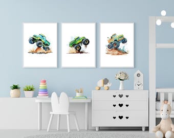 Láminas infantiles de monster trucks / Impresiones en acuarela de vehículos todoterreno (descarga digital)